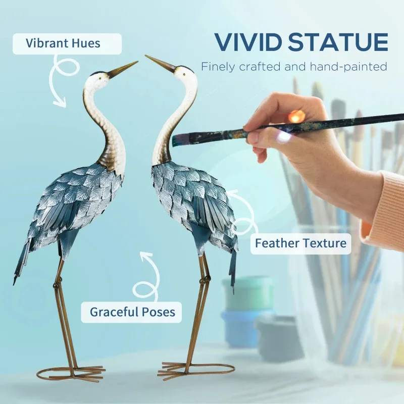 Crane Garden Statues, 28.5 29 Standing Bird Sculptures, Metal Yard Art Decor, Landscape Decoration Set Of 2, Blue view 7