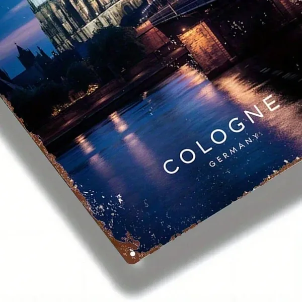 CIFbuy Vintage Cologne Cathedral Metal Sign 8x12 Inch, Iron Bridge Night Scene Wall Art, Square Flat Printed Tin Plaque For Home Bar Ga Tik view 3