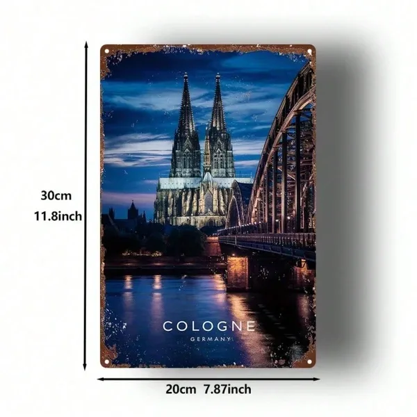 CIFbuy Vintage Cologne Cathedral Metal Sign 8x12 Inch, Iron Bridge Night Scene Wall Art, Square Flat Printed Tin Plaque For Home Bar Ga Tik view 4