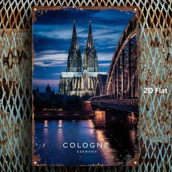 CIFbuy Vintage Cologne Cathedral Metal Sign 8x12 Inch, Iron Bridge Night Scene Wall Art, Square Flat Printed Tin Plaque For Home Bar Ga Tik view 5