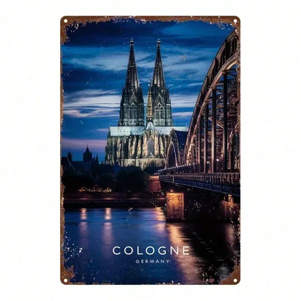 CIFbuy Vintage Cologne Cathedral Metal Sign 8x12 Inch, Iron Bridge Night Scene Wall Art, Square Flat Printed Tin Plaque For Home Bar Ga Tik view 1