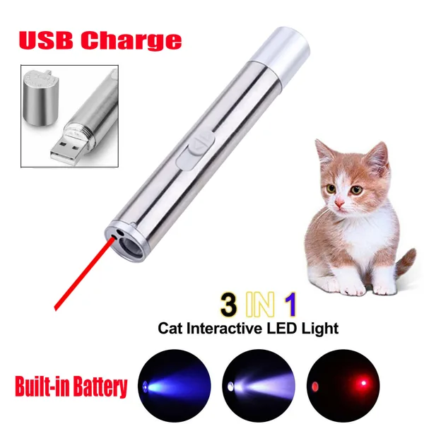 3 In1 1mw USB Rechargeable Pet Toy Pen Flashlight Red Laser Beam UV Light 3-Modes Lamp view 1