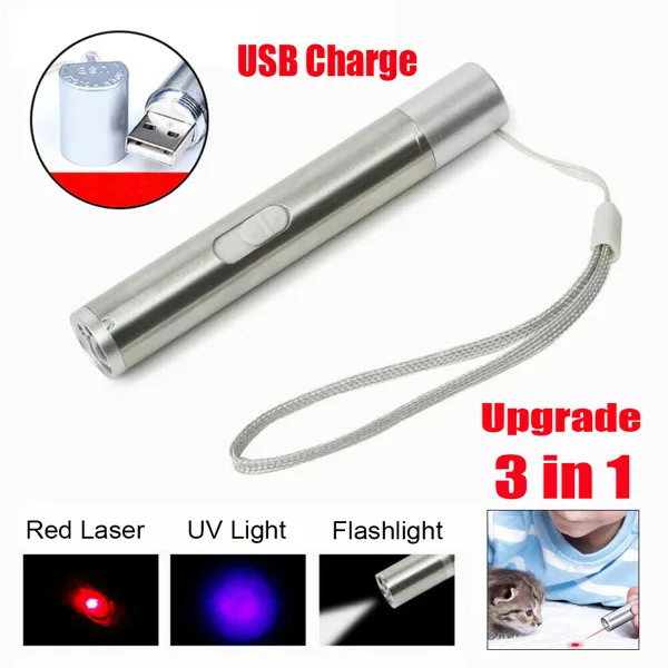 3 In1 1mw USB Rechargeable Pet Toy Pen Flashlight Red Laser Beam UV Light 3-Modes Lamp view 5