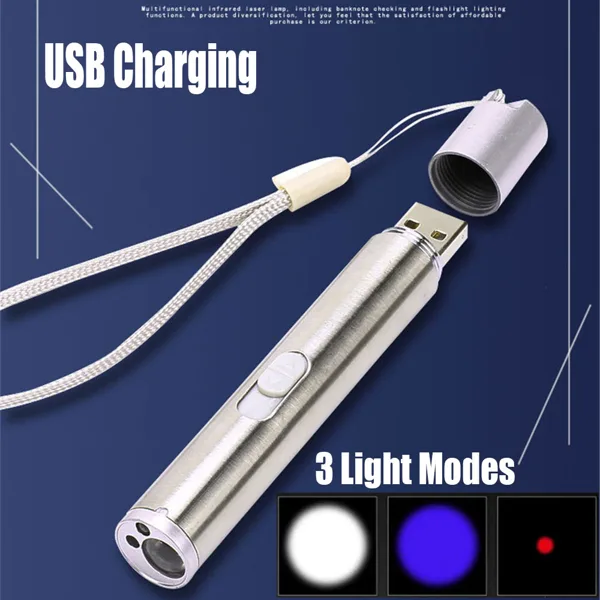 3 In1 1mw USB Rechargeable Pet Toy Pen Flashlight Red Laser Beam UV Light 3-Modes Lamp view 4