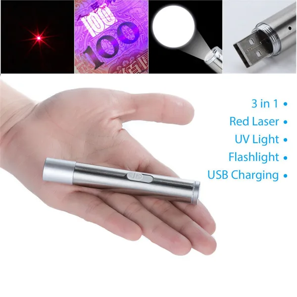 3 In1 1mw USB Rechargeable Pet Toy Pen Flashlight Red Laser Beam UV Light 3-Modes Lamp view 3